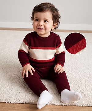 Babyhug Knit Full Sleeves Sweater Set with Colour Block Design - Maroon