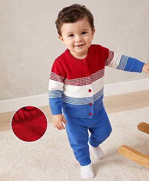 Babyhug Knit Full Sleeves Colour Block Striped Sweater Set -Royal Blue