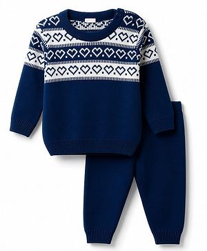 Babyhug Knit Full Sleeves Sweater Set With Hearts Design - Teal Blue