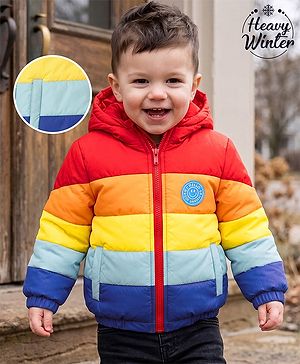 Babyhug Woven Full Sleeves Colour Block Stripes Padded Jacket with Hood - Multicolour