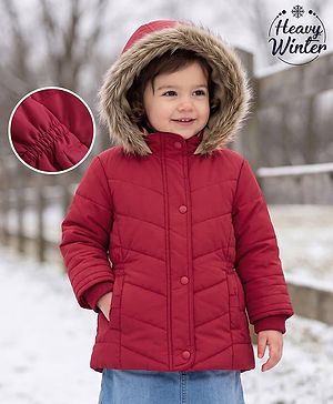 Babyhug Woven Full Sleeves Solid Colour Padded Jacket with Hood - Red