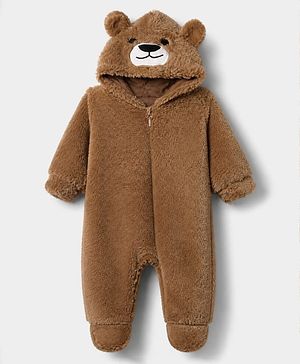 Babyhug Fur Woven Full Sleeves Hooded Winter Wear Romper With Bear Applique - Brown