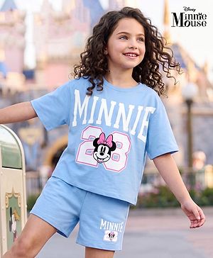 Pine Kids Disney Terry Knit Half Sleeves T-Shirt & Shorts Set With Minnie Mouse Graphic - Light Blue