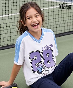 Pine Kids Disney 100% Cotton Knit Terry T-Shirt with Half Sleeves and Minnie Mouse Print in White & Blue