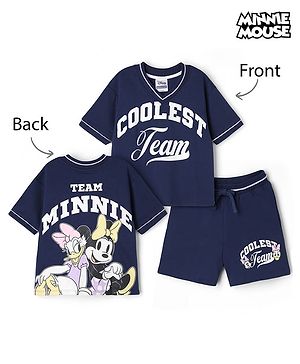 Pine Kids Disney Terry Knit Half Sleeves T-Shirt & Shorts Set with Front & Back Minnie Mouse Graphic - Navy Blue