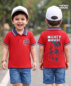 Babyhug Disney Cotton Knit T-Shirt Half Sleeve Polo Neck with Front and Back Mickey Mouse Graphic Multi Color 9-12 Months