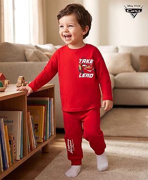 Bonfino Disney 100% Cotton Knit Full Sleeves T-Shirt & Pyjama Night Suit With Car Graphic - Red