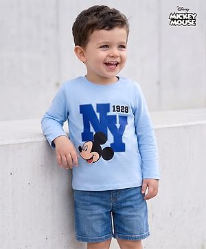 Bonfino Disney Cotton Knit T-Shirt Full Sleeve Round Neck Mickey Mouse Graphic Sky Blue 9-12 Months
