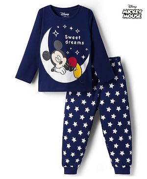 Babyhug Disney 100% Cotton Knit Full Sleeves T-Shirt & Pyjama Night Suit With Micky Mouse Graphics - Navy Blue