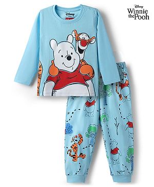 Babyhug Disney 100% Cotton Knit Full Sleeves T-Shirt & Pyjama Night Suit With Winnie The Pooh Graphics - Light Blue