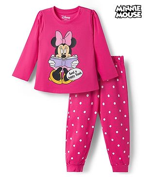 Babyhug Disney 100% Cotton Knit Full Sleeves T-Shirt & Pyjama Night Suit With Minnie Mouse Graphic - Pink