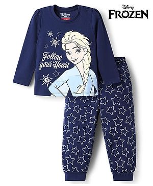 Babyhug Disney 100% Cotton Knit Full Sleeves T-Shirt & Pyjama Night Suit With Elsa Graphic - Navy Blue