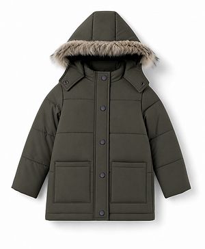 Pine Kids Woven Hooded Winter Jacket with Full Sleeves and Fur - Olive Green