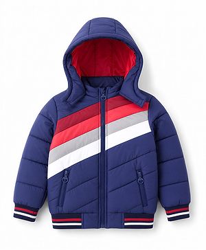 Pine Kids Woven Hooded Winter Jacket with Full Sleeves and Striped Pattern - Navy Blue