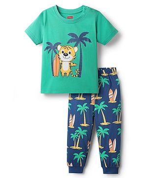 Babyhug Cotton Knit Half Sleeves Bear & Surfing Printed T-Shirt & Pyjama Night Suit - Green