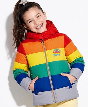 Pine Kids Woven Padded Quilted Hooded Winter Jacket with Full Sleeves and Rainbow Cut & Sew with Rainbow Makes Me Happy Patch - Red