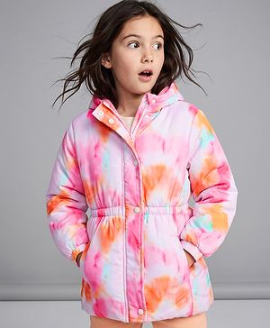 Pine Kids Woven Full Sleeves Hooded Padded Jacket with Tie & Dye Print - Pink