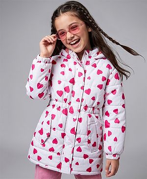 Pine Kids Woven Hooded Padded Winter Jacket With Heart Print - Pink