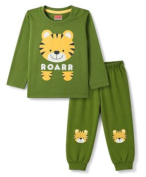 Babyhug 100% Cotton Knit Full Sleeves Tiger Printed T-Shirt & Pyjama Night Suit - Olive Green