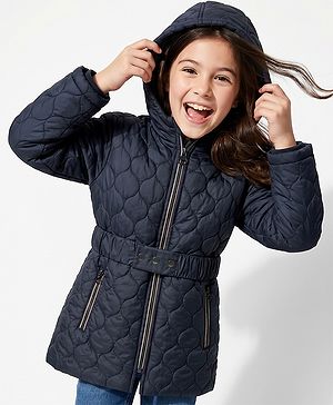 Pine Kids Woven Padded Quilted Hooded Winter Jacket with Full Sleeves - Navy Blue
