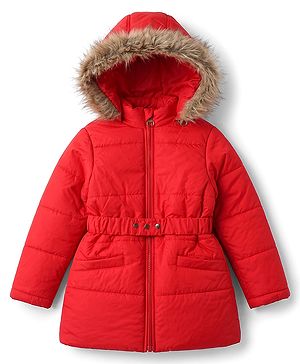 Pine Kids Woven Padded Quilted Hooded Winter Jacket with Full Sleeves - Red
