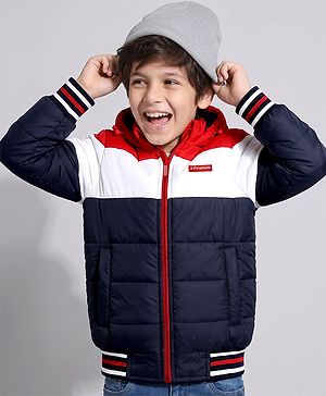 Pine Kids Woven Padded Quilted Hooded Winter Jacket with Full Sleeves and Cut & Sew with Pinekids Patch - Navy Blue