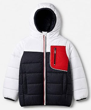 Pine Kids Woven Hooded Padded Quilted Winter Jacket with Full Sleeves and Cut & Sew - Navy Blue