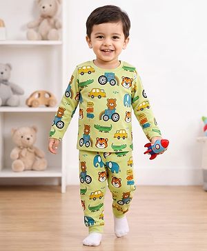 Babyhug 100% Cotton Knit Full Sleeves Co-Ords T-Shirt & Pyjama Night Suit Bear & Car Print -Green