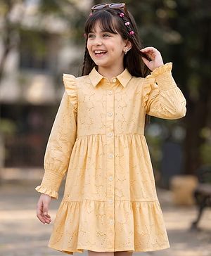 Pine Kids 100% Cotton Woven Full Sleeves Schiffili Tiered Frock - Cream