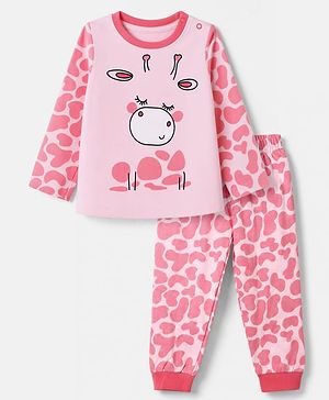 Babyhug Cotton Knit Full Sleeves T-Shirt & Pyjama Night Suit With Giraffe Print - Pink