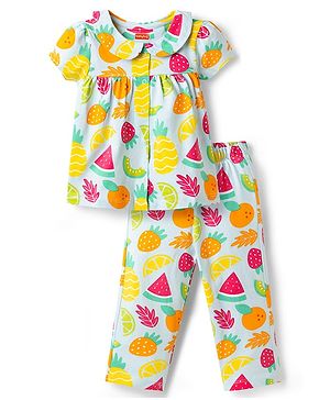 Babyhug Cotton Knit Half Sleeves Tropical Theme Printed Co-Ords Top & Pyjama Night Suit - Light Blue