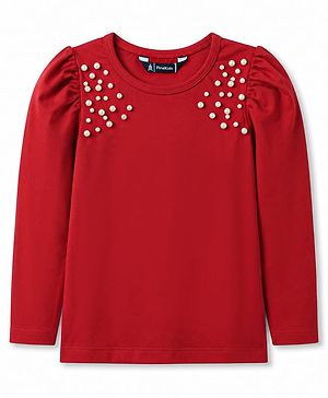 Pine Kids Cotton Lycra Knit Full Sleeves Top With Pearl Embellishment - Red