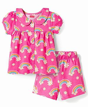 Babyhug Cotton Knit Half Sleeves Rainbow Printed Co-Ords Front Open Top & Shorts Night Suit - Pink