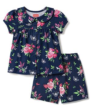 Babyhug Cotton Knit Half Sleeves Front Open Floral Printed Co-Ords Top & Shorts Night Suit - Navy