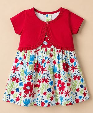 Babyhug Poplin Woven Half Sleeves Shrug With Floral Printed Frock - Red