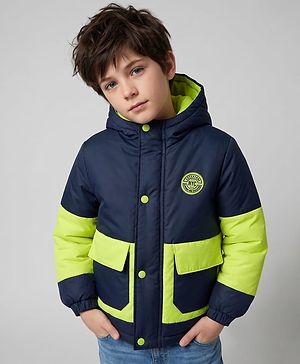 Pine Kids Woven Full Sleeves Padded Hooded Winter Jacket With Badge - Navy Blue