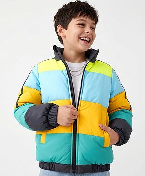 Pine Kids Woven Padded Quilted Winter Jacket with Full Sleeves, Front Zipper and Cut & Sew - Yellow