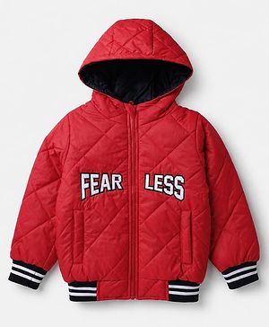 Pine Kids Woven Full Sleeves Padded Hooded Quilted Winter Jacket With Text Print - Red
