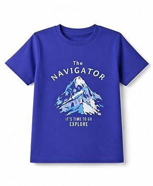 Pine Kids Cotton Knit Half sleeves T-Shirt with Mountain & Text Print - Blue