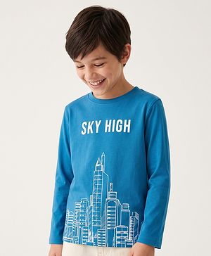 Pine Kids Cotton Knit Full Sleeves T-Shirt with Sky High City Print - Blue