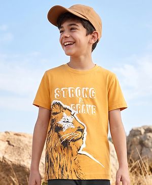 Pine Kids Cotton Knit Half Sleeves T-Shirts With Lion Print - Orange
