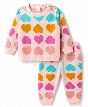 Babyhug Knit Full Sleeves Co-Ords Sweater Set With Hearts Set - Pink