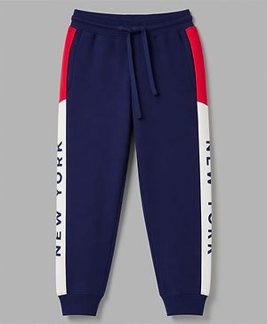 Pine Kids Cotton Knit Full Length Lounge & Track Pant With Text Print - Navy Blue