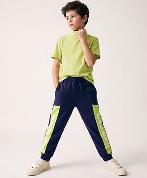 Pine Kids Cotton Knit Full Length Lounge Pants With Text Print - Navy Blue