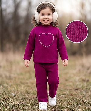 Babyhug Full Sleeves Sweater Knit & Pant Winter Wear Suit With Heart Design - Fuchsia