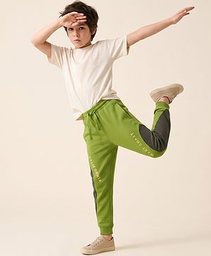 Pine Kids Cotton Knit Full Length Lounge Pants With Text Print - Olive Green