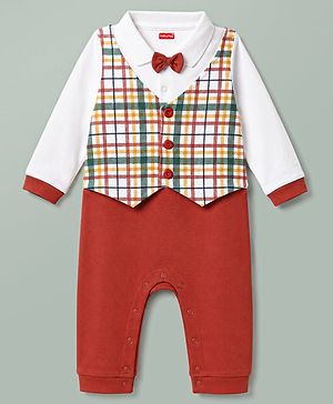Babyhug 100% Cotton knit Full Sleeves Checked Partywear Romper With Attached Waistcoat & Bow - Multicolor