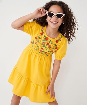 Pine Kids Cotton Woven Dress with Half Sleeves and Floral Embroidery - Yellow