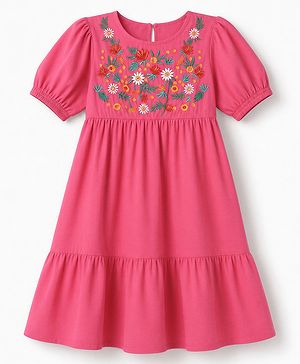 Pine Kids Cotton Woven One Piece Dress with Half Sleeves and Floral Embroidery - Fuchsia