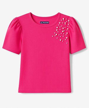 Pine Kids Knitted Half Sleeves Top With Pearl Embellished - Pink